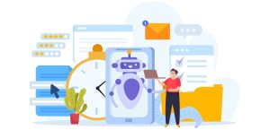 Chatbot online customer service flat concept with man chatting with text bot vector illustration